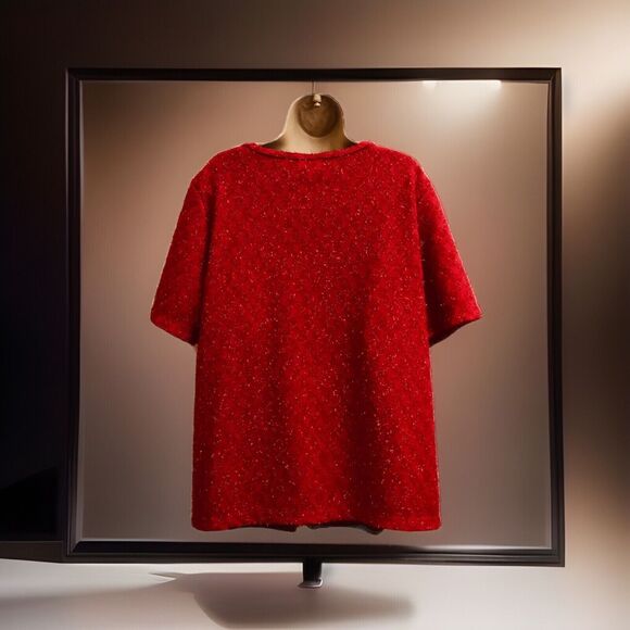 Kathie Lee Top Womens 18W/20W Argyle Pullover Red Polyester S/SLV Sparkle USA - Picture 4 of 11